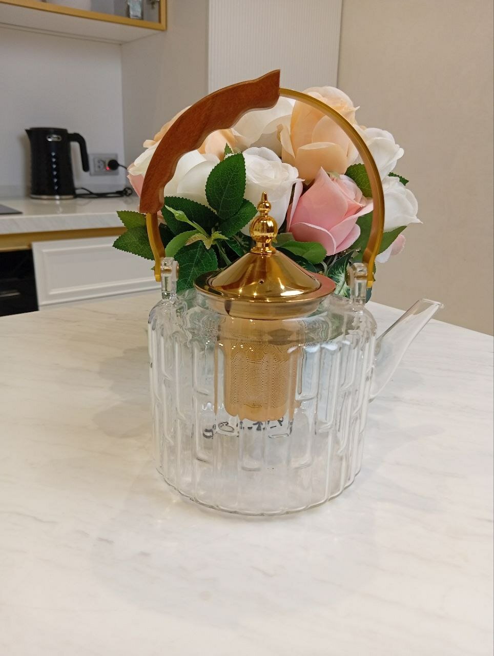 Чайник DMS Professional, стеклянный, с термоизолированной ручкой, золотой, 1,5 л, красивый дизайн