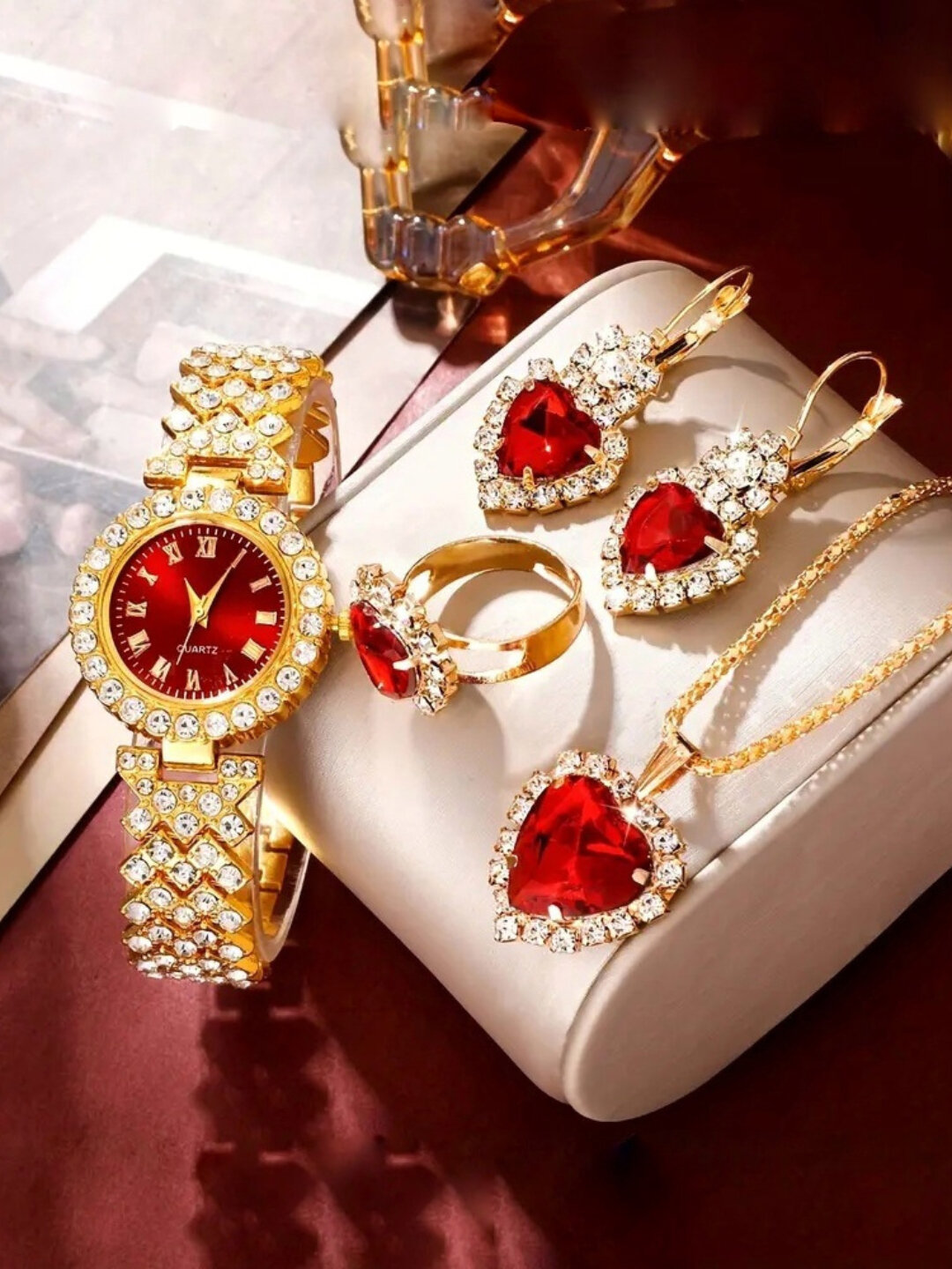 Комплект бижутерии: колье, браслет, кольцо, серьги, цепь, Swarovski Zirconia