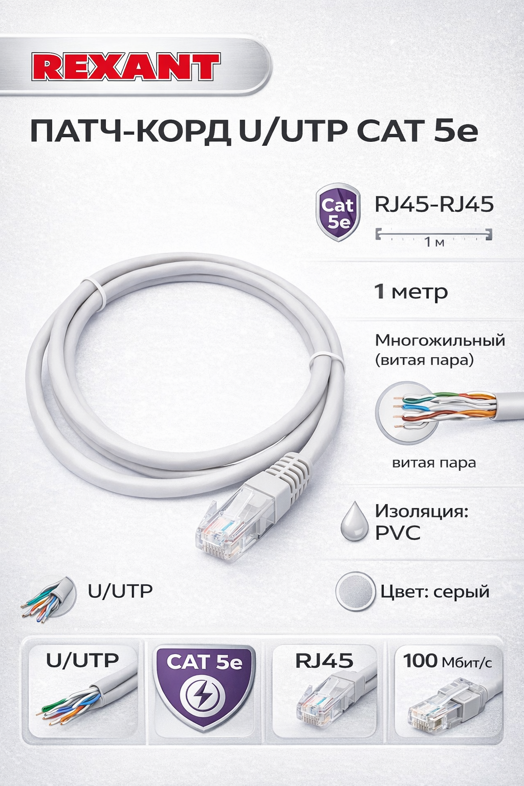 Многожильный пaтч-корд REXANT U/UTP, CAT 5e, RJ45-RJ45, PVC, 1 м, серый