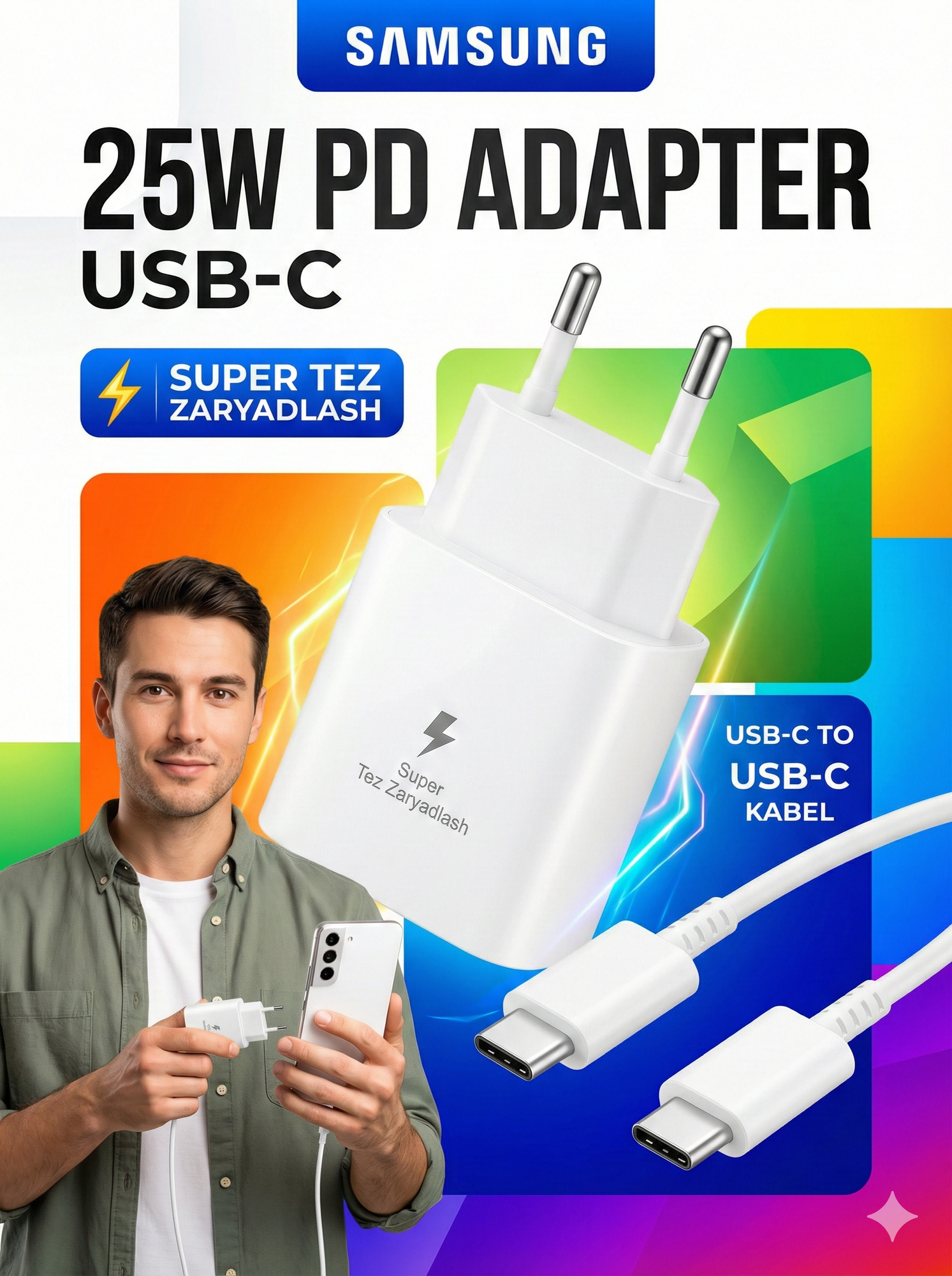 Зарядное устройство Samsung 45 Вт, 25 Вт, кабель Type-C, быстрое зарядное устройство — фото 1