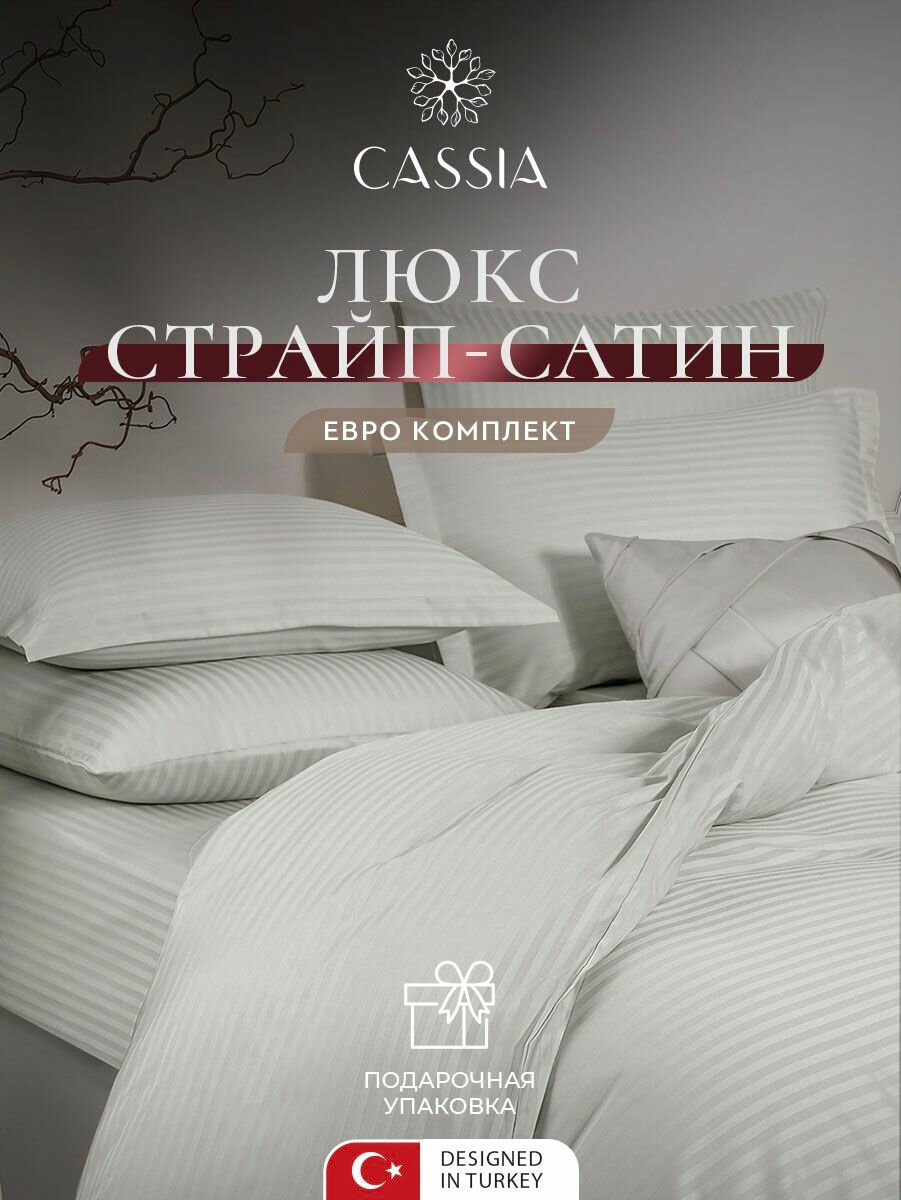 CASSIA Комплект постельного белья Евро "Люкс" 200х215-1/230х250-1/50х70-2/70х70-2 страйп-сатин с жаккардовыми полосами, хлопок, светло-серый