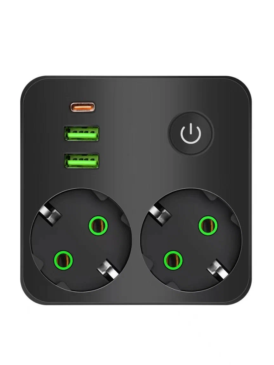 Сетевой фильтр разветвитель розетки, сетевой фильтр двойник, 2 USB, 2 розетки, 1 USB Type C, выключатель на корпусе, черный