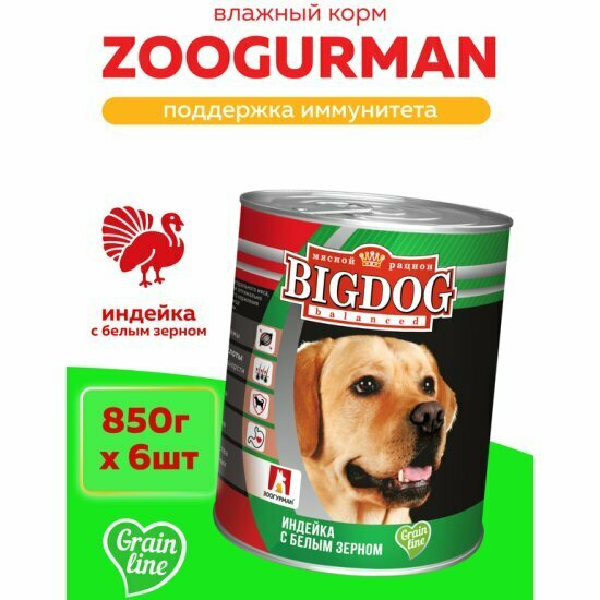 Корм влажный Зоогурман для собак BIG DOG Индейка с белым зерном 6шт х 850г