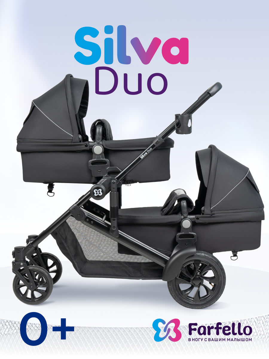 Детская коляска-трансформер для двойни Silva Duo Farfello, с рождения до 3 лет, цвет черный