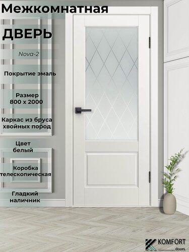 Изображение товара Дверь межкомнатная комплект с коробкой и наличниками Nova 2 со стеклом, белый, 800х2000мм