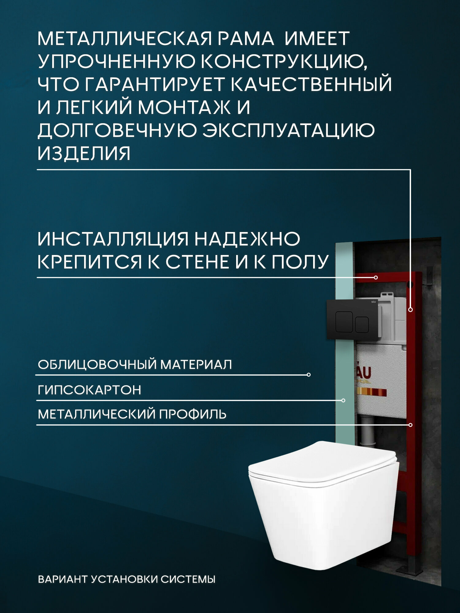 Комплект BAU 6 в 1: инсталляция BAU PRO для подвесного унитаза, унитаз подвесной безободковый смыв торнадоBau Stil Hurricane-5, сиденье быстросъемное микролифт, кнопка смыва BAU Soul, черная матовая — фото 1