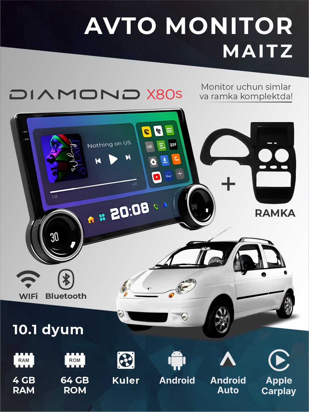 Авто монитор Tesla / Diamond X80 2K, 10.1 дюйма 4+64 ГБ, WiFi кулер, с рамкой и кабелями