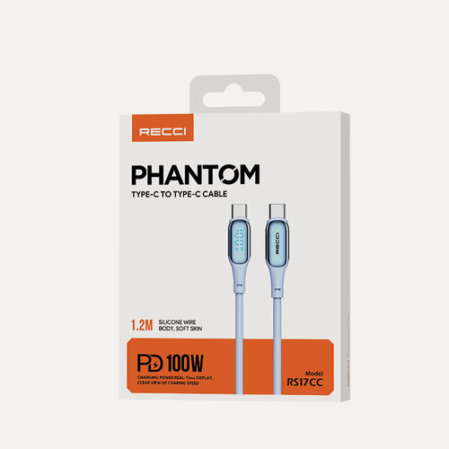 Изображение товара Кабель для быстрой зарядки Recci Phantom Display Fast Charging, Type-C to Type-C, PD 100W, 120 см, Galaxy Blue