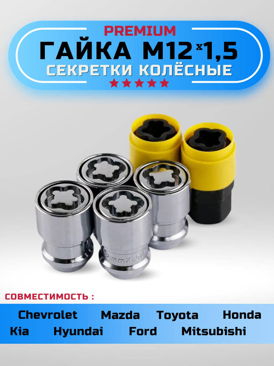 Гайки-секретки GoldenAuto, хромированные, M12x1.5, конус, 2 ключа
