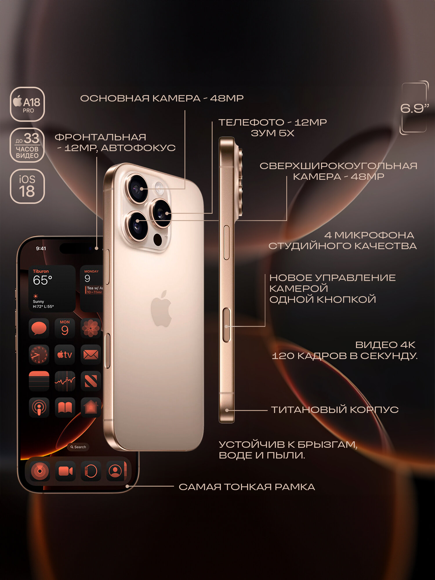 Смартфон Apple iPhone 16 Pro Мах 256 ГБ, Desert Titanium/Пустынный титан