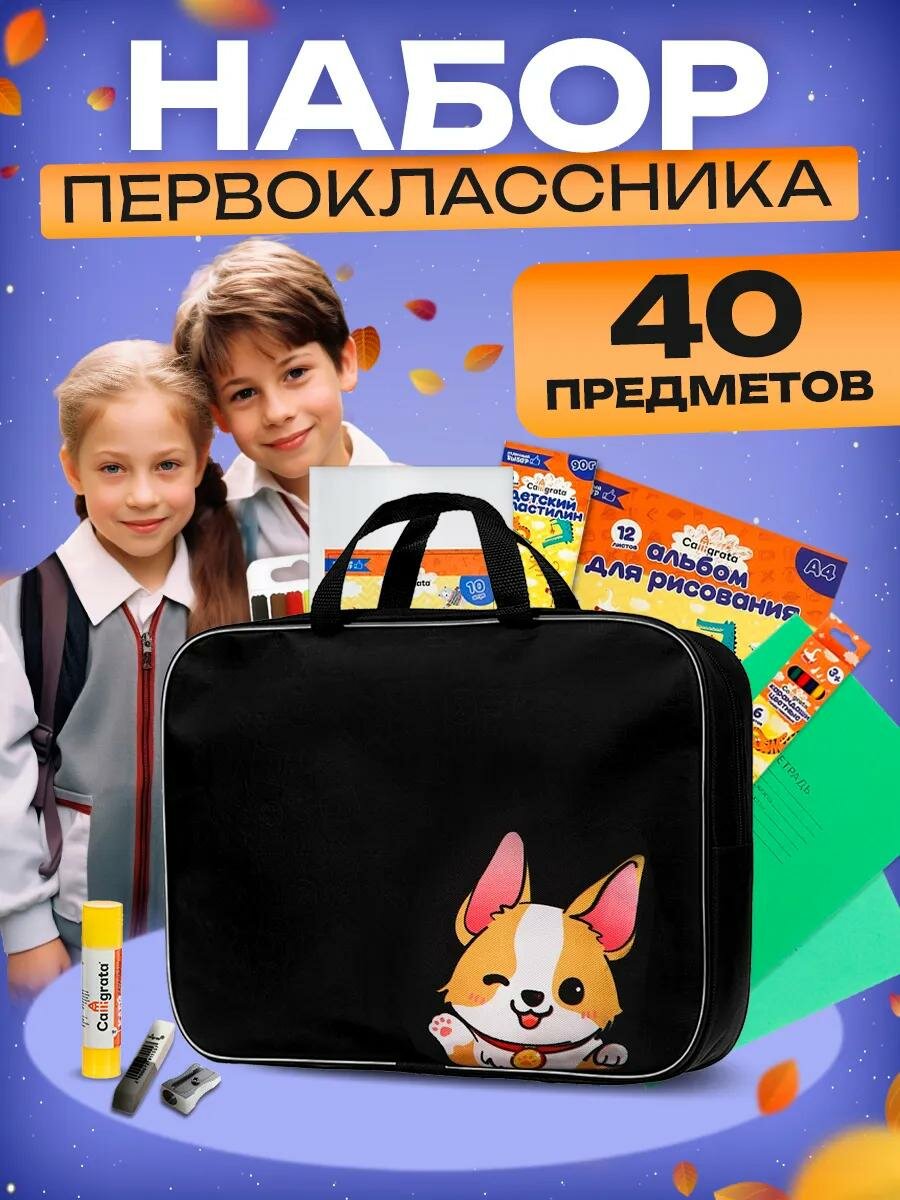 Набор первоклассника, 40 предметов, Calligrata «Корги», в папке