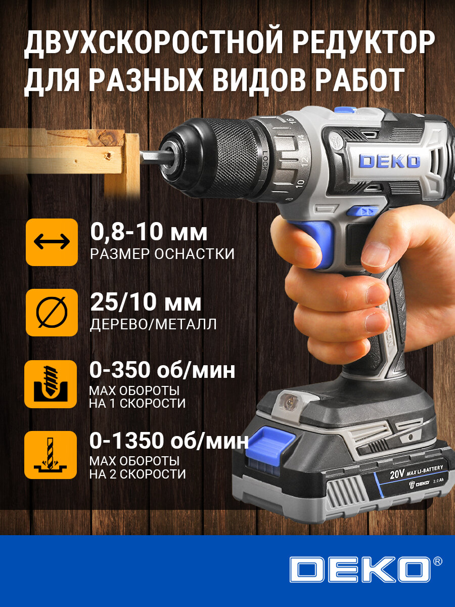 Шуруповерт дрель аккумуляторный DEKO GCD20DU3, 20В, 1*2.0Ач, 1350 об/мин — фото 1