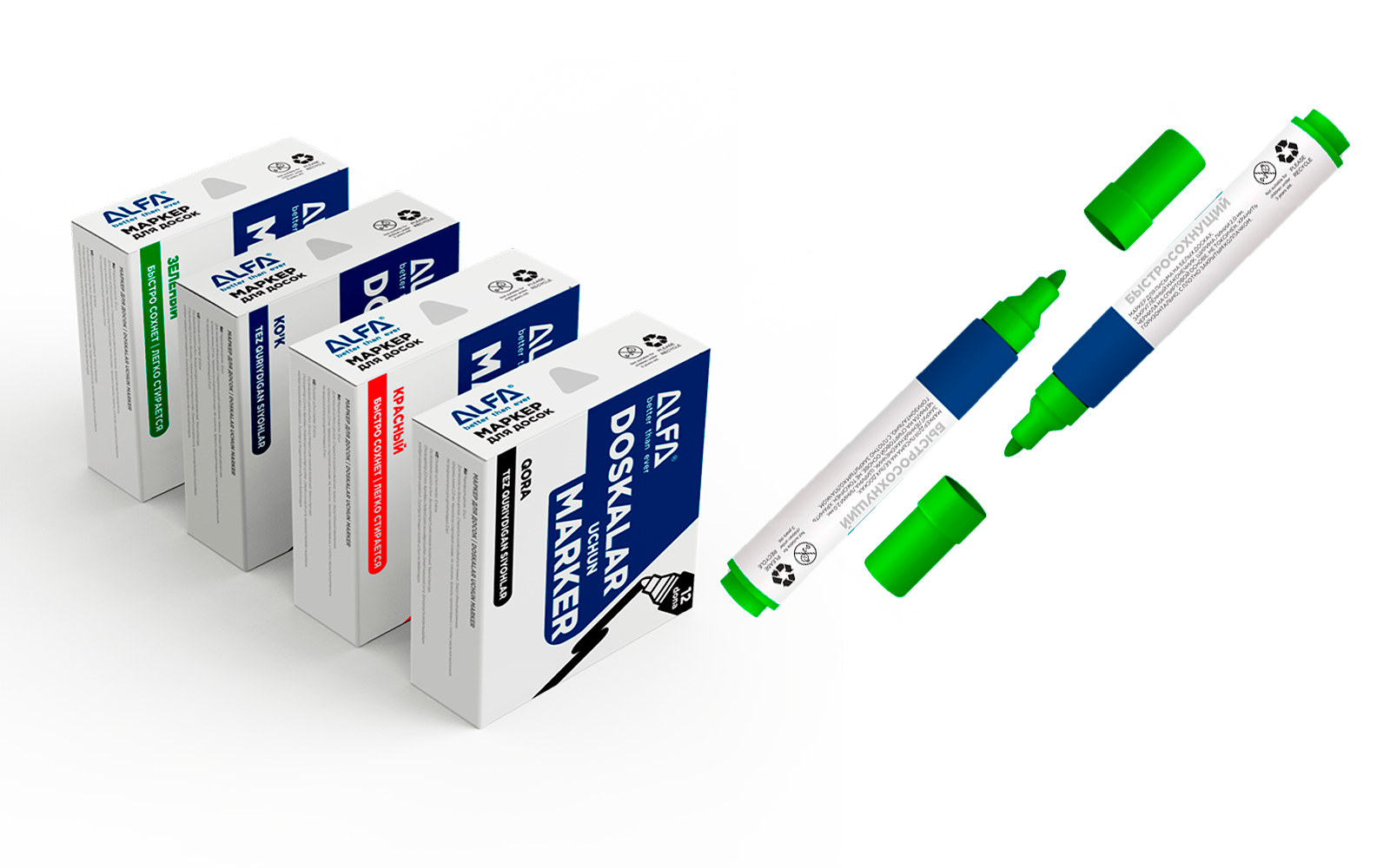 Маркер зеленый Alfa 1MW004, для флипчартов и белых досок, стираемый, быстросохнущий — фото 1