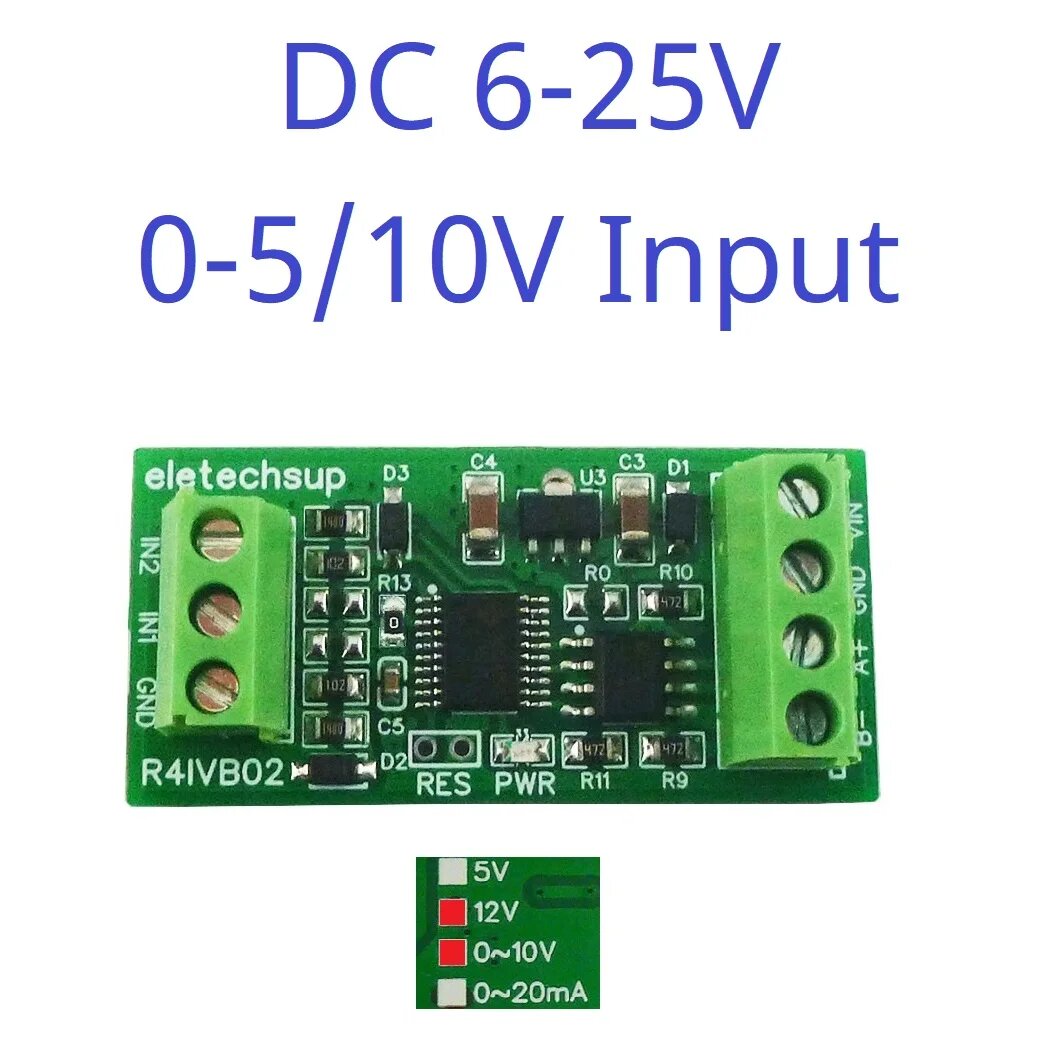 Модуль коллектора Modbus RS485 с 2-канальным высокоинтегрированным (12-битный ADC/рабочий усилитель/справочное напряжение) и 4-20мА 0-5 в 10 в, Power 6-25V IN 0-10V