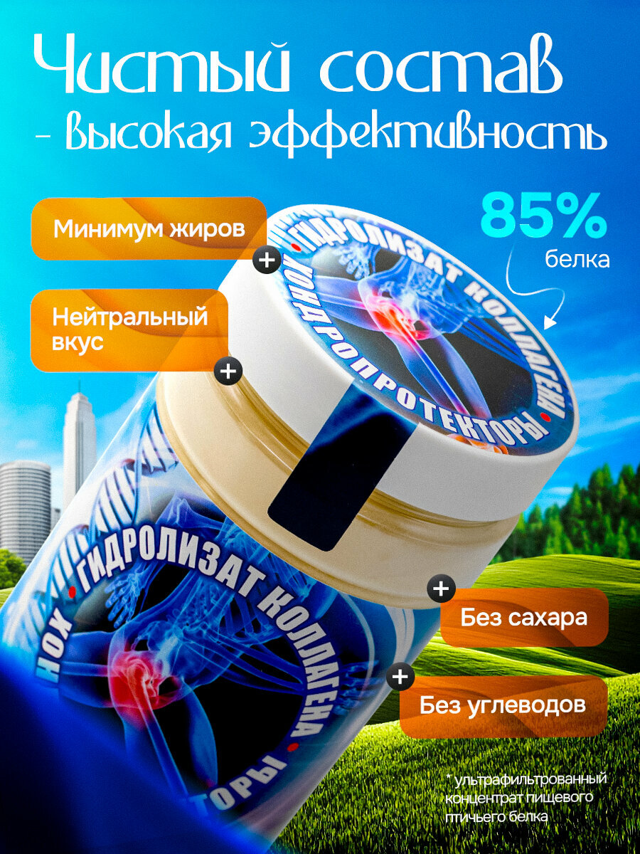 Картинки Гидролизат коллагена. Хондропротекторы. Концентрат белка пищевого птичьего ультрафильтрованный. Источник пептидов из хрящевой ткани и хондропротекторов, 400 гр.