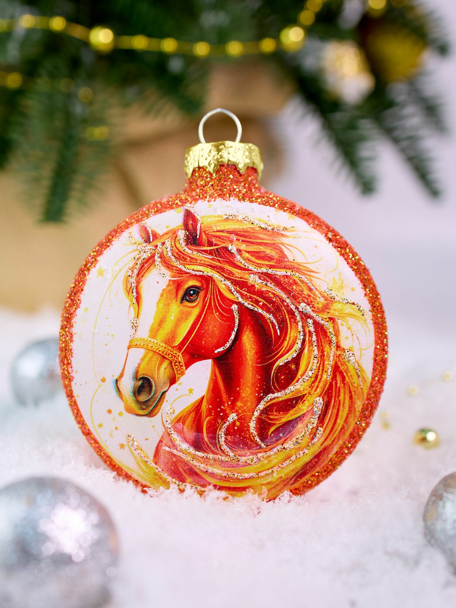 Елочная игрушка стеклянная медальон Лошадь 8 см