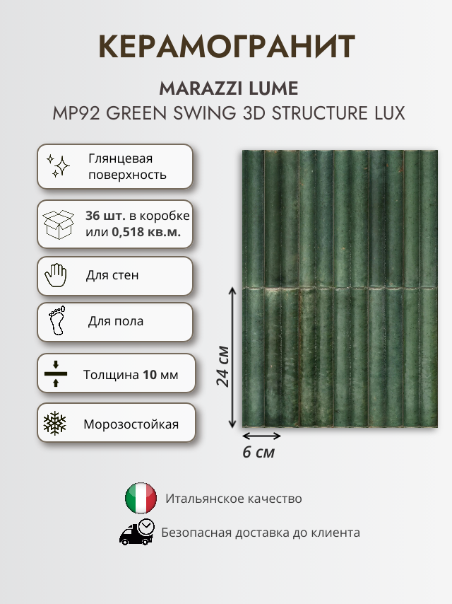 Керамогранит MARAZZI LUME MP9L Green Rake 3D Structure LUX 6x24 см рифленая темно зеленый глянцевый