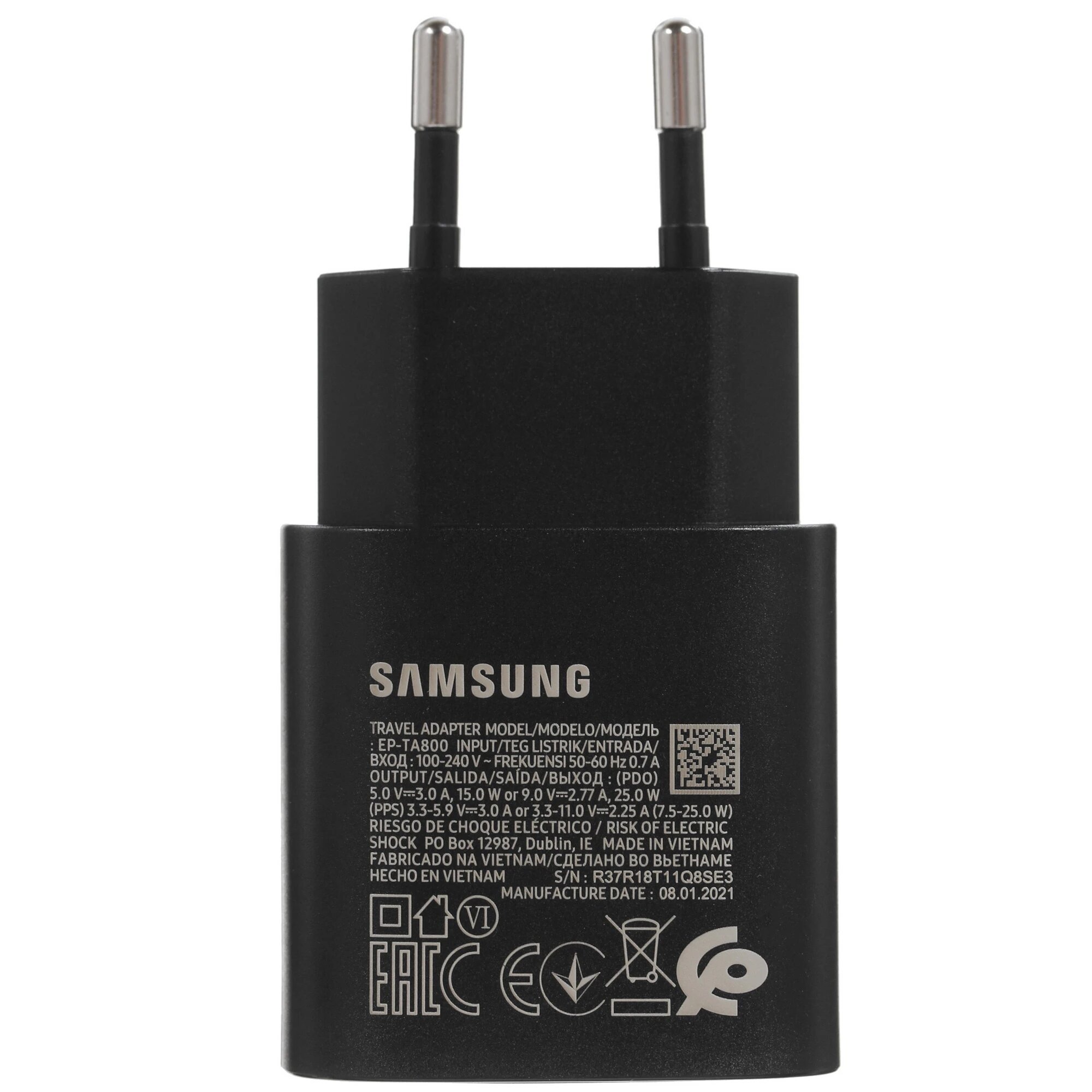 Зарядное устройство Samsung EP-TA800, сетевое, 25 W, USB-C, черное — фото 1