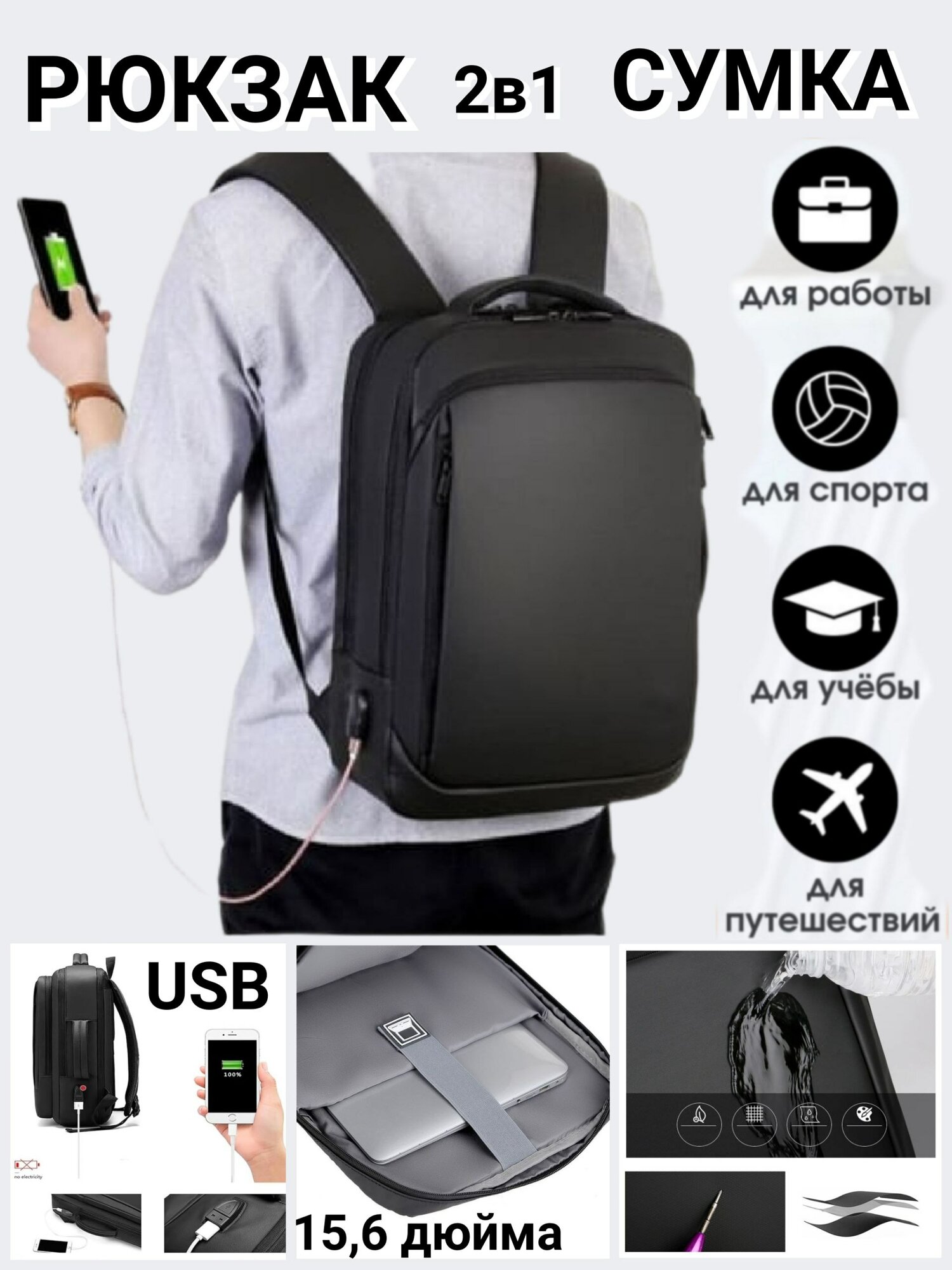 Универсальная сумка-рюкзак для ноутбука с USB-портом — для женщин и мужчин, удобна для работы, учебы и путешествий