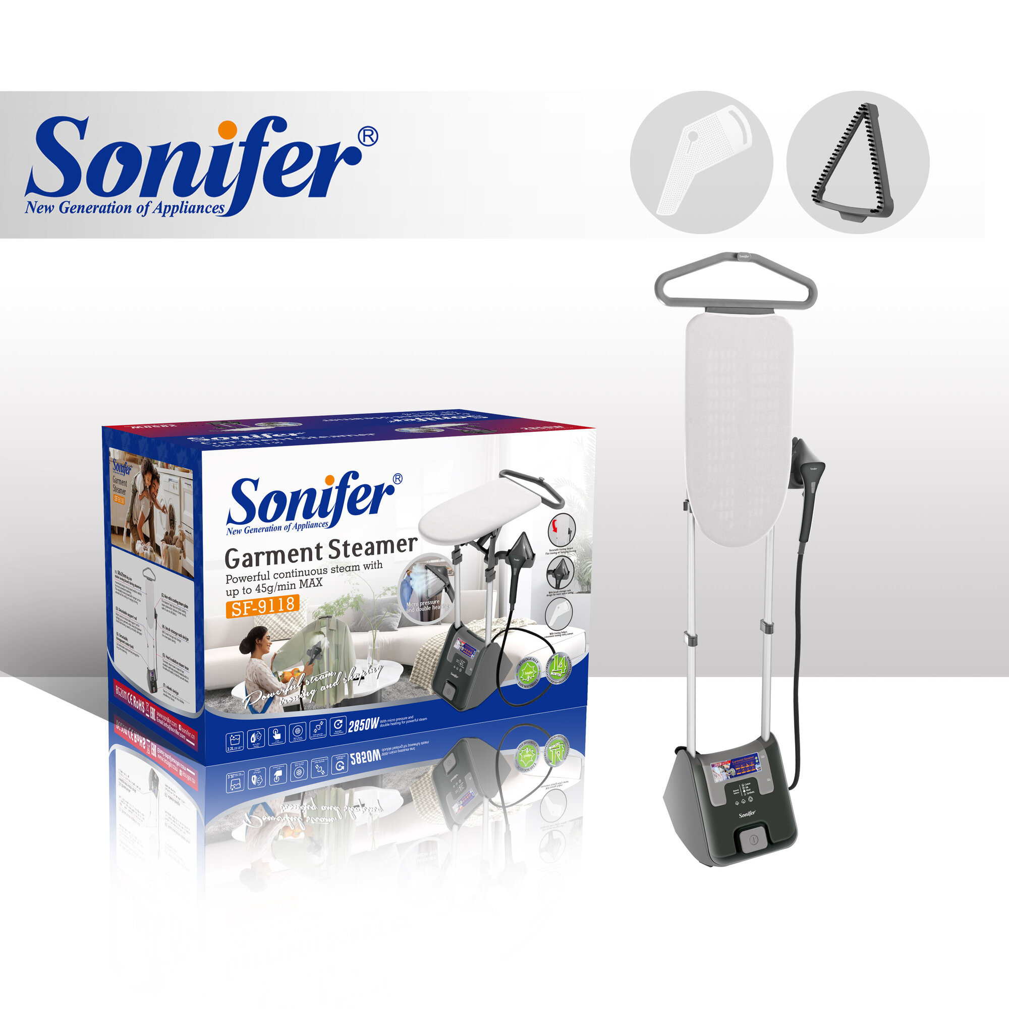 Отпариватель SONIFER SF-9118, напольный, мощность 2850Вт, емкость 2.2л, черный