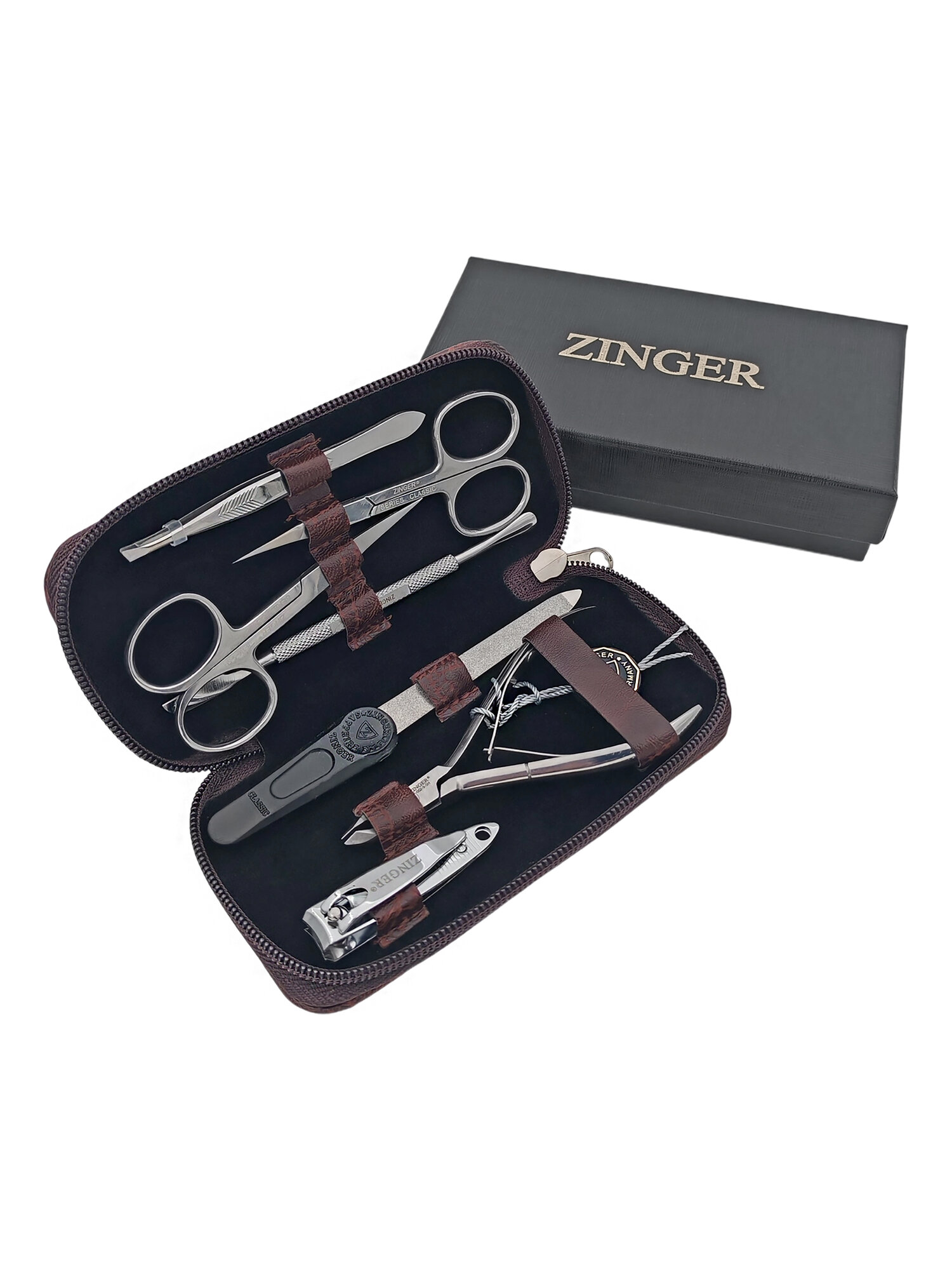 Маникюрный набор Zinger 7105, 7 предметов, медицинская сталь, серебристый/темно-коричневый