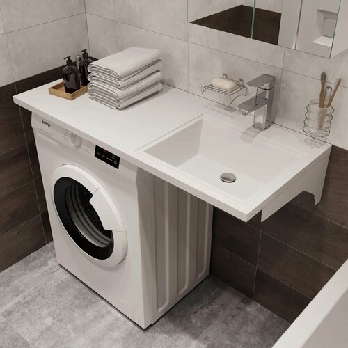 Изображение товара Раковина над стиральной машиной DIWO Тольятти 100 R с левым крылом, на кронштейнах, белая, глянцевая, раковина для ванной из искусственного камня, прямоугольная