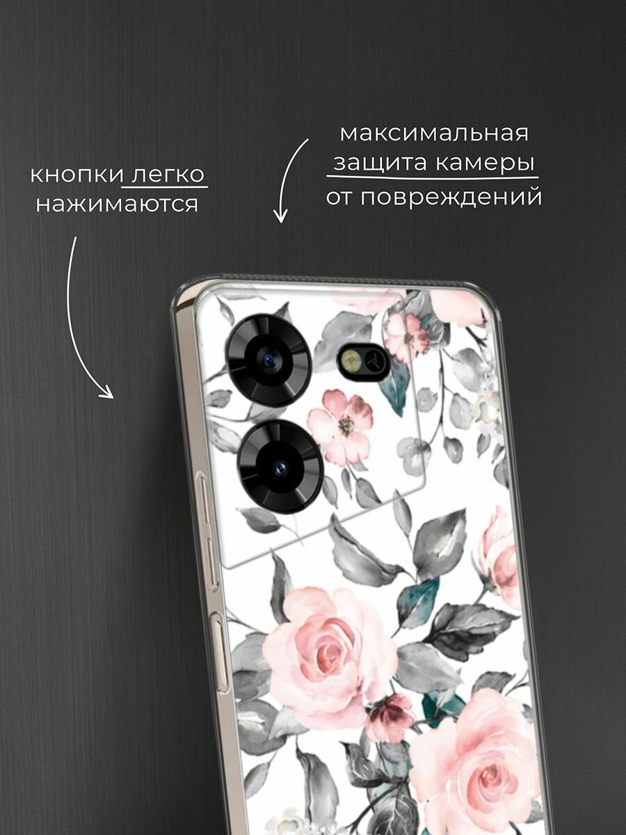 Чехол на Tecno Pova 5 / Техно Пова 5 с принтом "Розы на белом" — фото 1