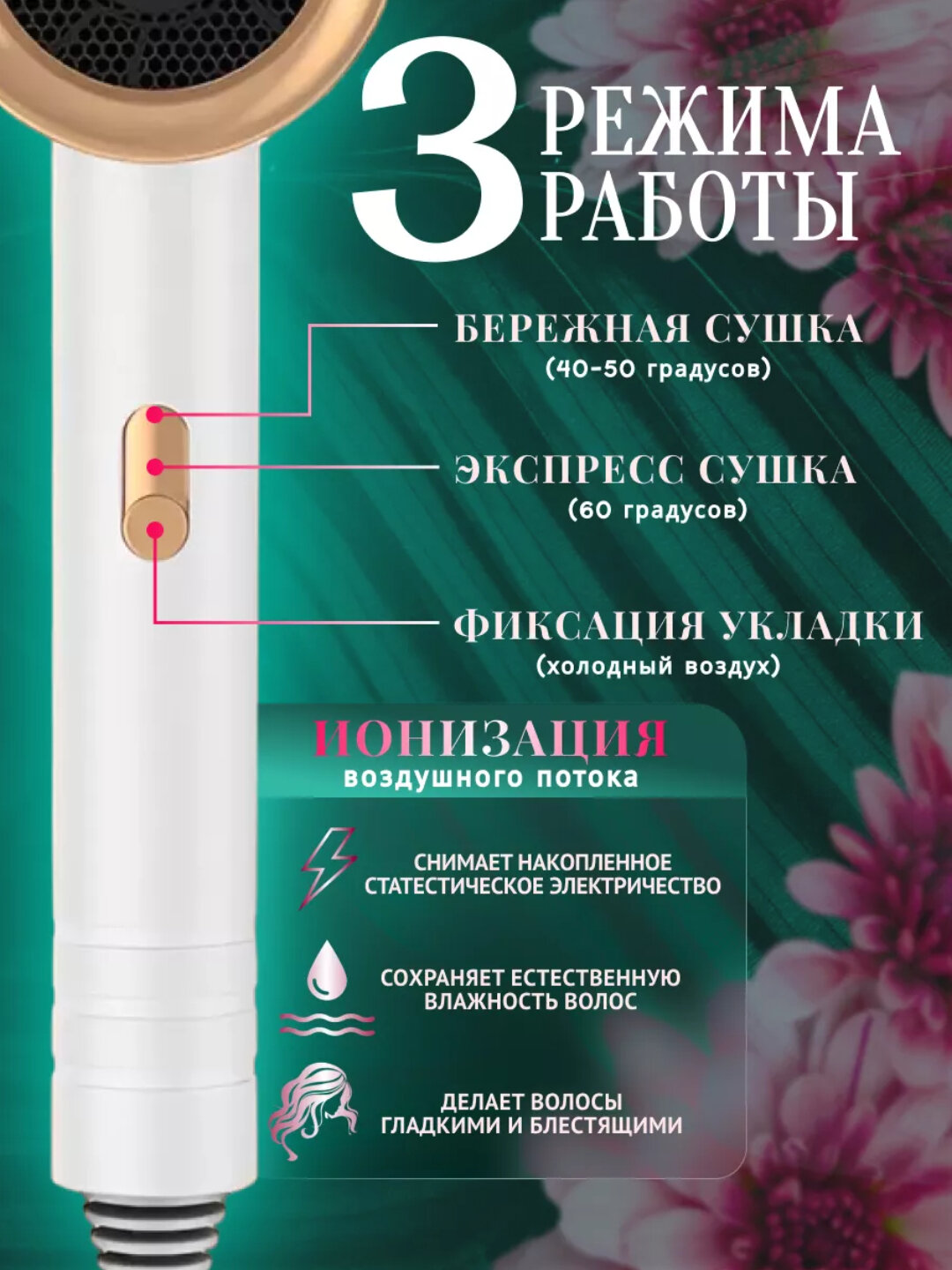 Фен PRO IONIC, мощность 2000 Вт, ионизация, коллагеновый уход, 3 режима — фото 1