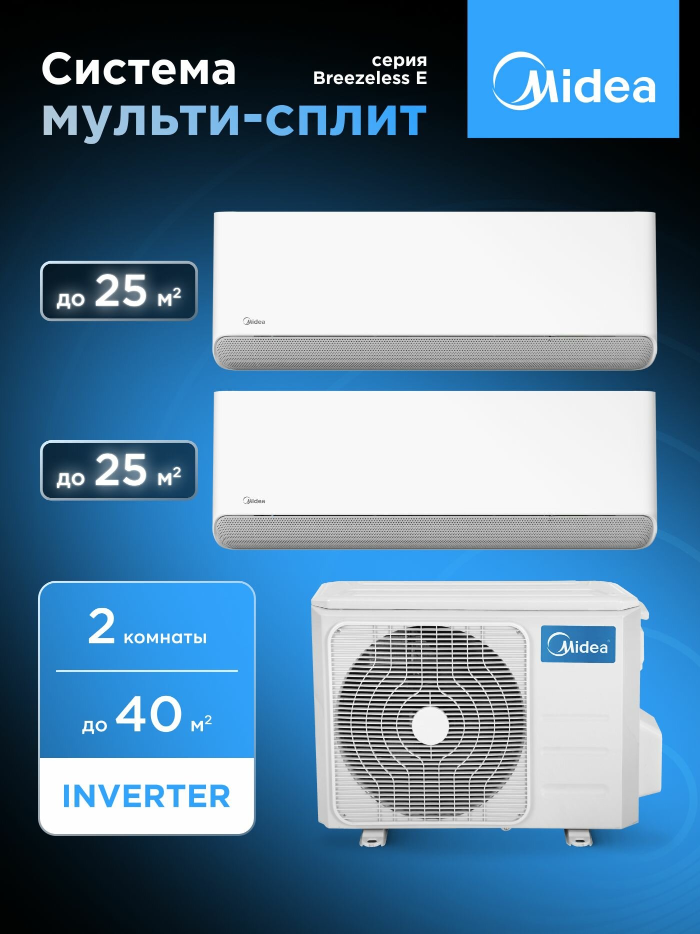 Мульти сплит система на 2 комнаты Midea Breezeless E (25 кв. м. + 25 кв. м.) M2OH-14HFN8-Q1/MMFE-09N8D6-I*2