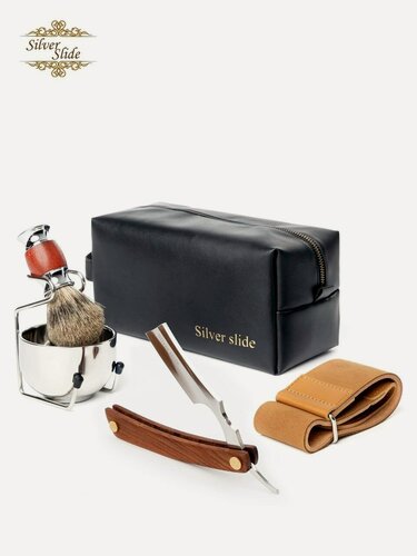 Изображение товара Набор опасная бритва Silver Slide, сталь 440С, ремень для правки, подставка для помазка, несессер