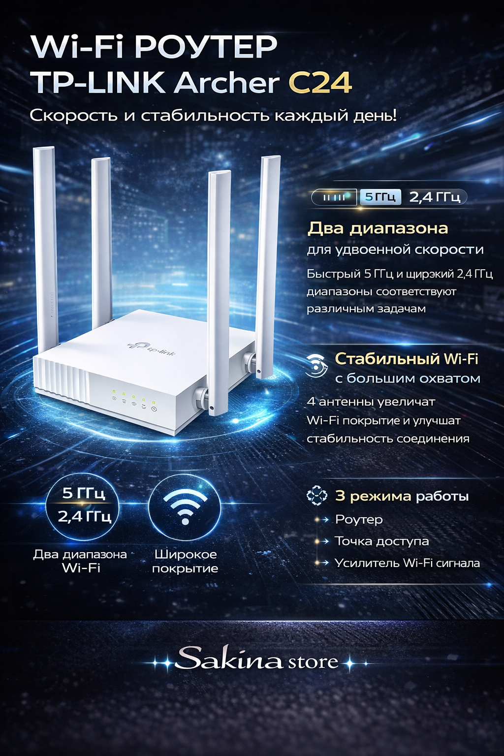 Wi-Fi роутер TP-Link Archer C24 ✨ Dual Band, 4 антенны, 3 режима