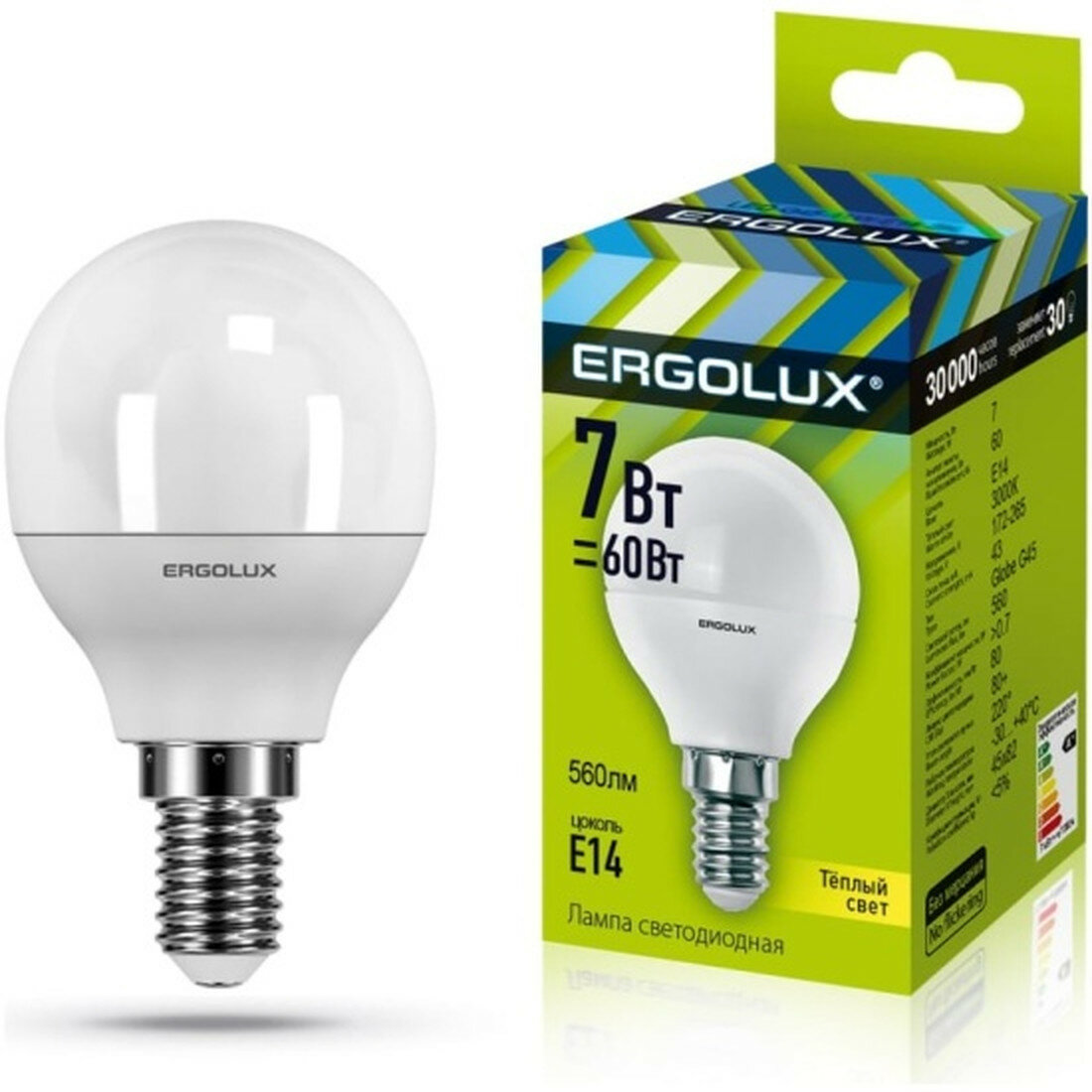 Лампа Ergolux LED-G45-7W-E14-3K светодиодная шар E14 7Вт 665мм лм 30000ч