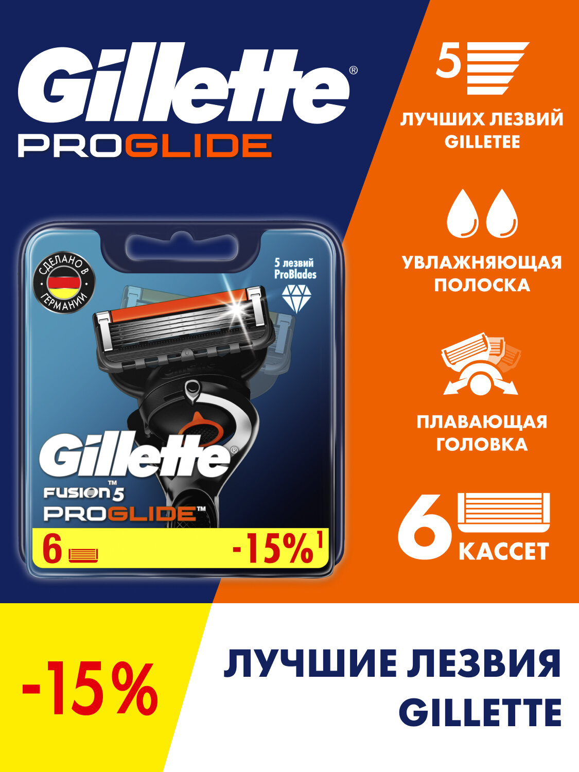 GILLETTE Fusion 5 ProGlide Сменные кассеты для бритья с 5 лезвиями, мужские, 6 шт