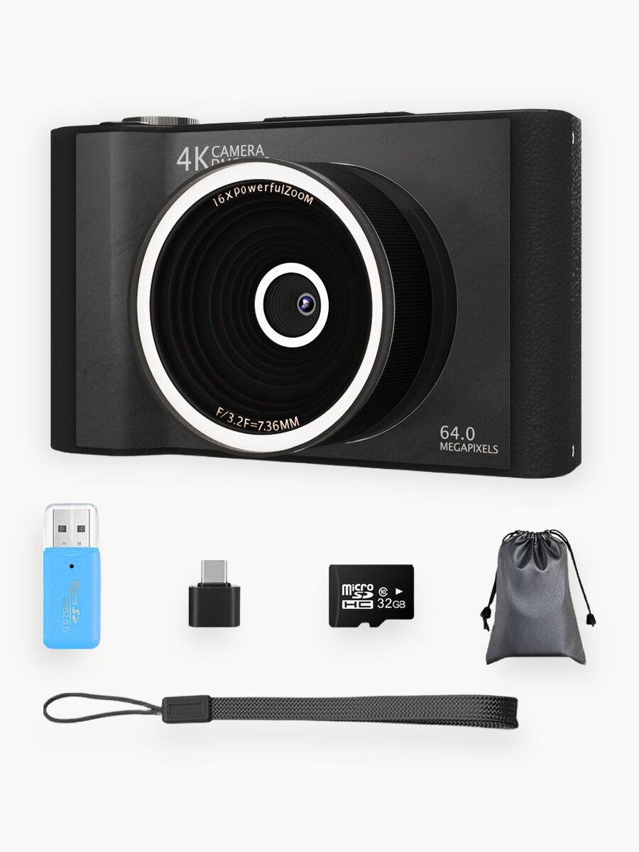 Портативный фотоаппарат W&O, 64 МП, видео 4К, встроенный аккумулятор Идеальный подарок