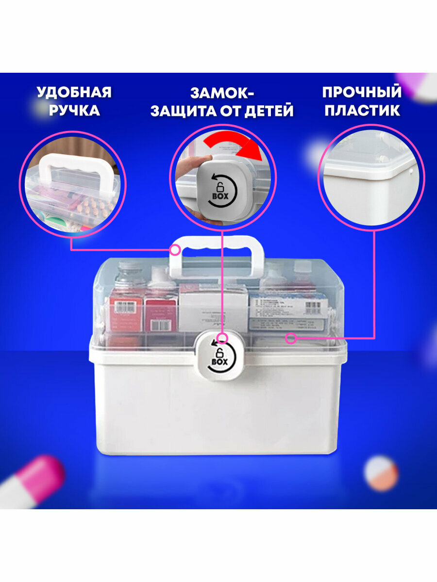 Аптечка домашняя контейнер, органайзер для лекарств и витаминов размер MAXI 34,2х21,9х22,6 см, Daswerk (Дасверк), 608475 — фото 1