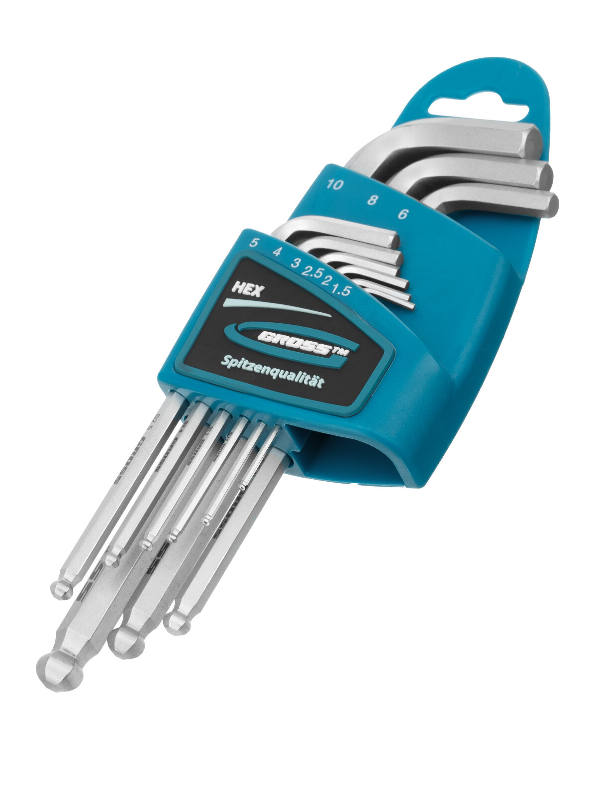Набор ключей имбусовых Gross HEX 1, 5–10 мм, S2, 9 шт, удлиненные с шаром, сатинированные 16403