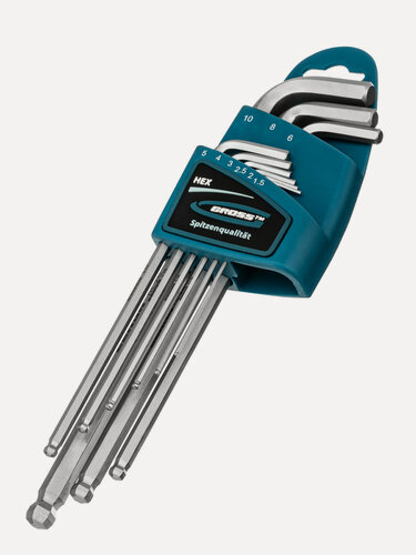 Изображение товара Набор ключей имбусовых Gross HEX 1, 5–10 мм, S2, 9 шт, экстра-длин с шаром, сатинированные 16404