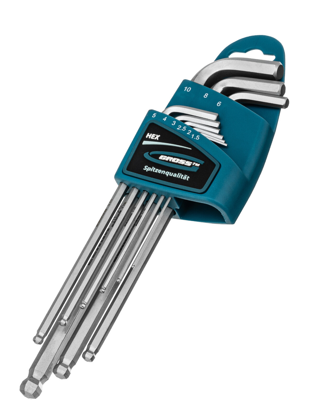 Набор ключей имбусовых Gross HEX 1, 5–10 мм, S2, 9 шт, экстра-длин с шаром, сатинированные 16404