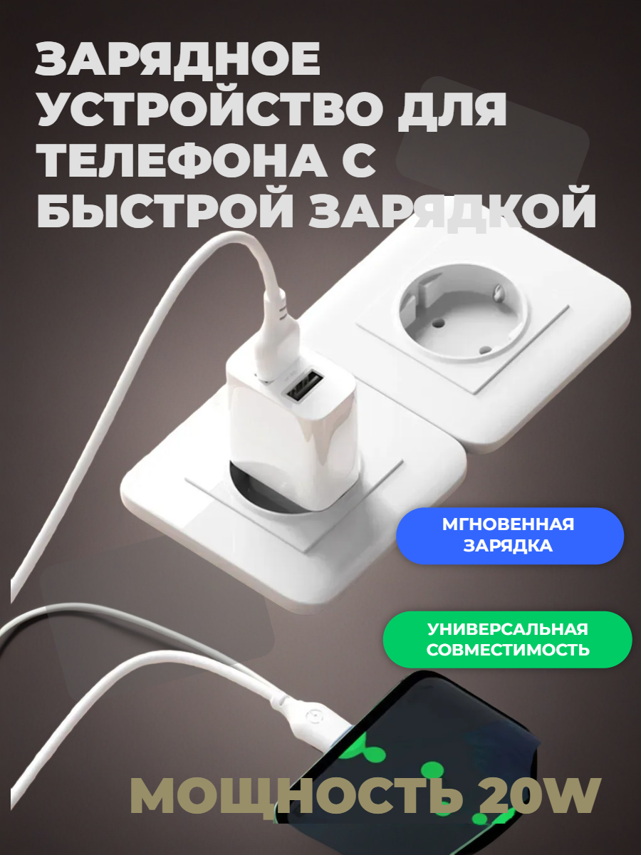 Зарядное устройство для телефона быстрая зарядка USB type-A 20Вт