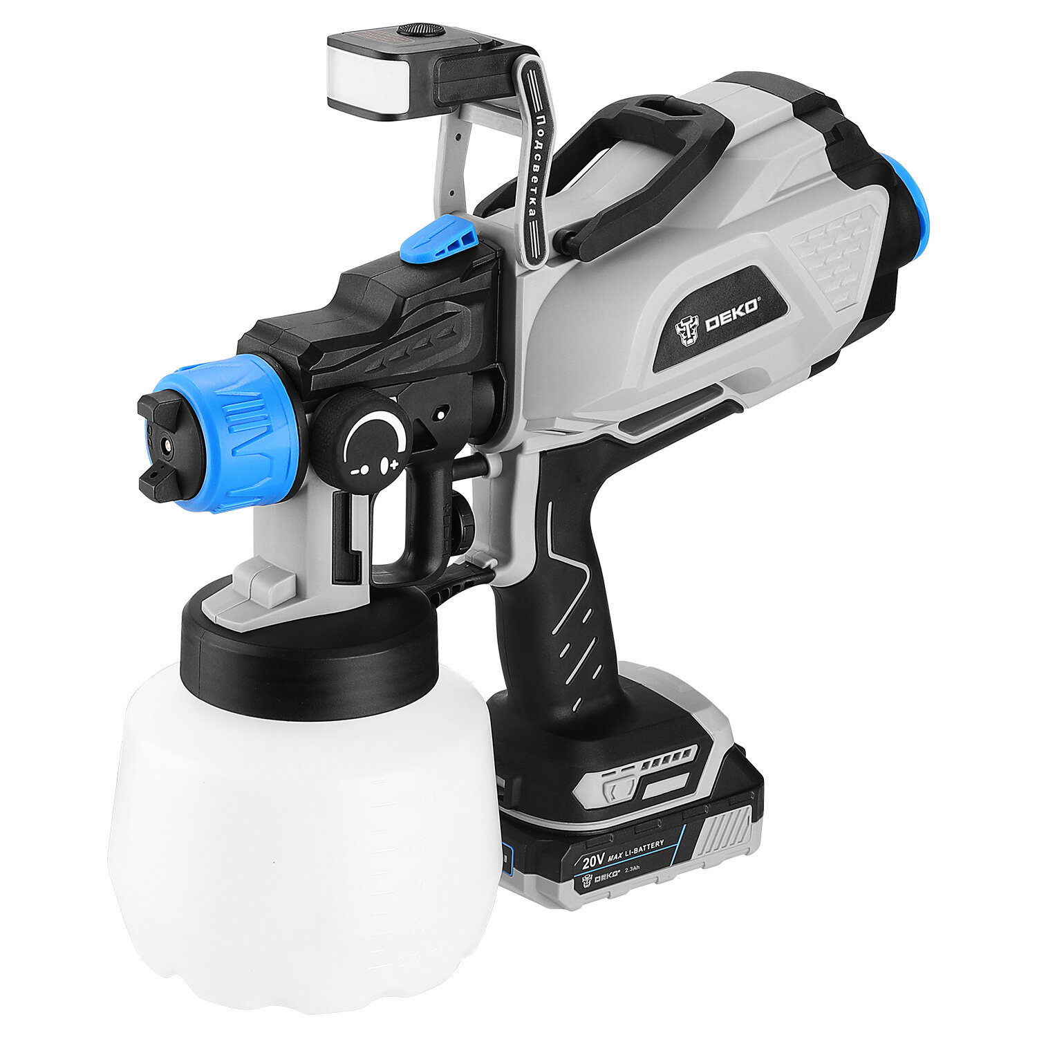 Краскопульт аккумуляторный Deko DSG20K2 Pro, 20 В Li-ion 2.3 Ач, 0.6 л/мин - фото №2