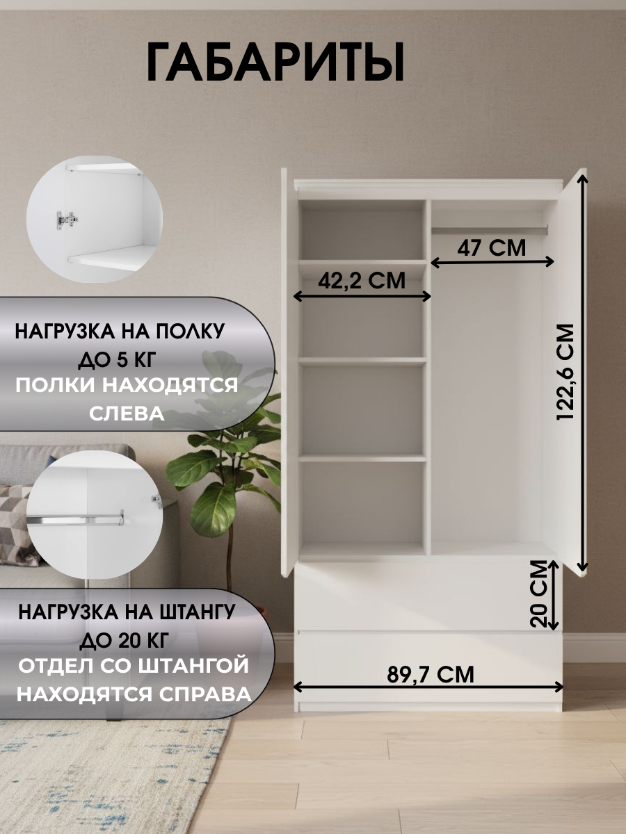 Шкаф распашной 2-х створчатый Челси, Белый/Белый глянец, 90.2 х 179.6 х 51.4 см — фото 1