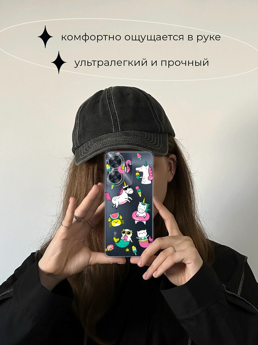 Чехол на Realme C55 / Реалми C55 с принтом "Единороги в отпуске", прозрачный — фото 1