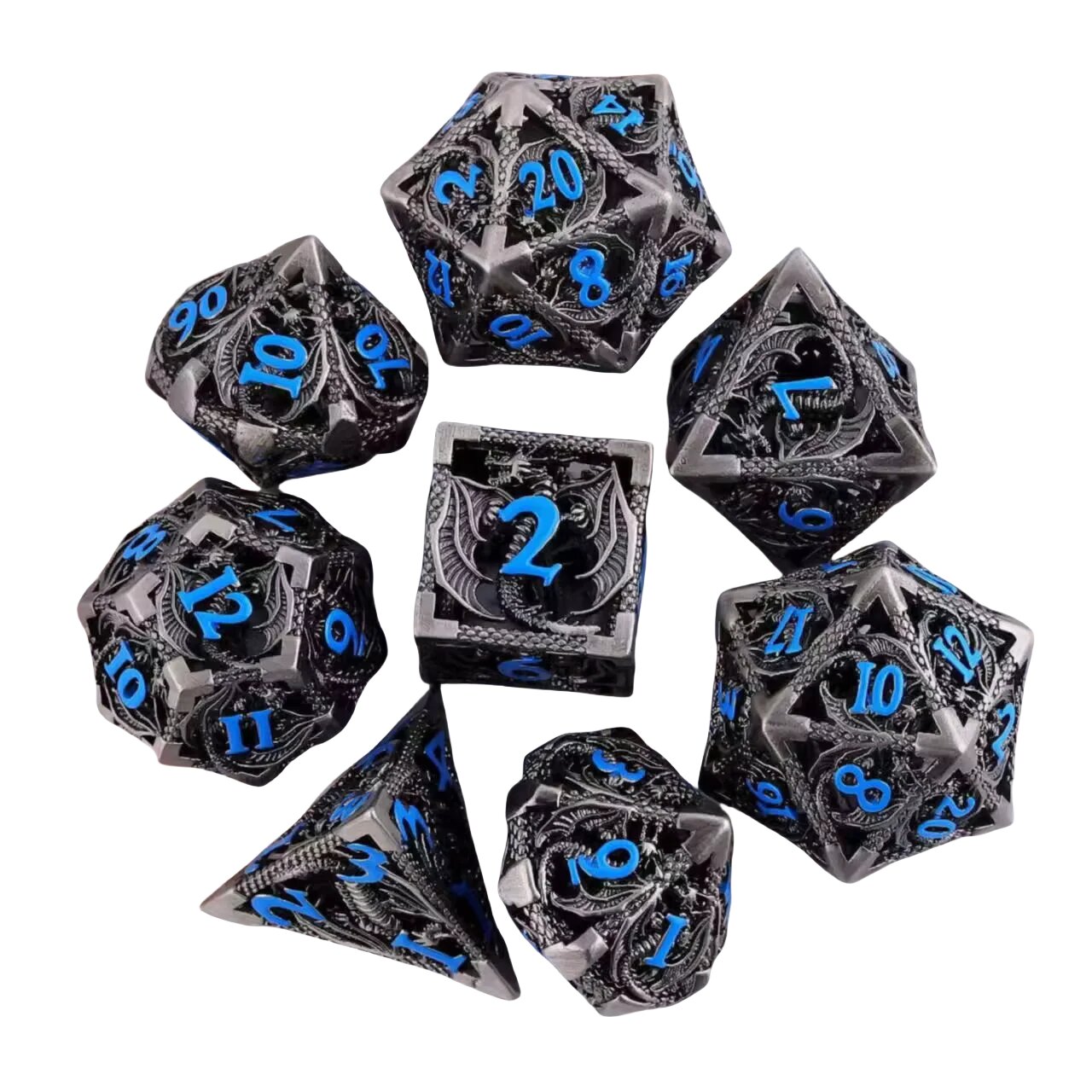 Металлические кубики Dragon DND D100 D6 D8 D10 D12 D20 Gray with Blue