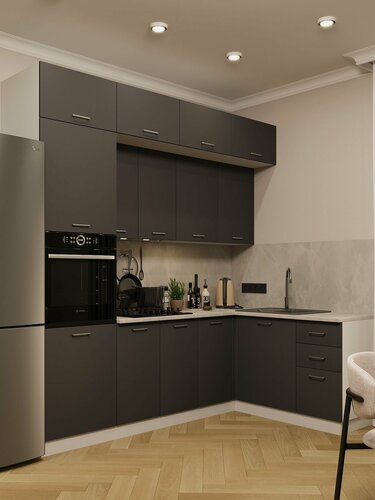 Изображение товара Модульная кухня угловая МДФ 2,4х1,6м Урбан графит софт без столешницы, с пеналом под духовой шкаф мебельный РАЙ