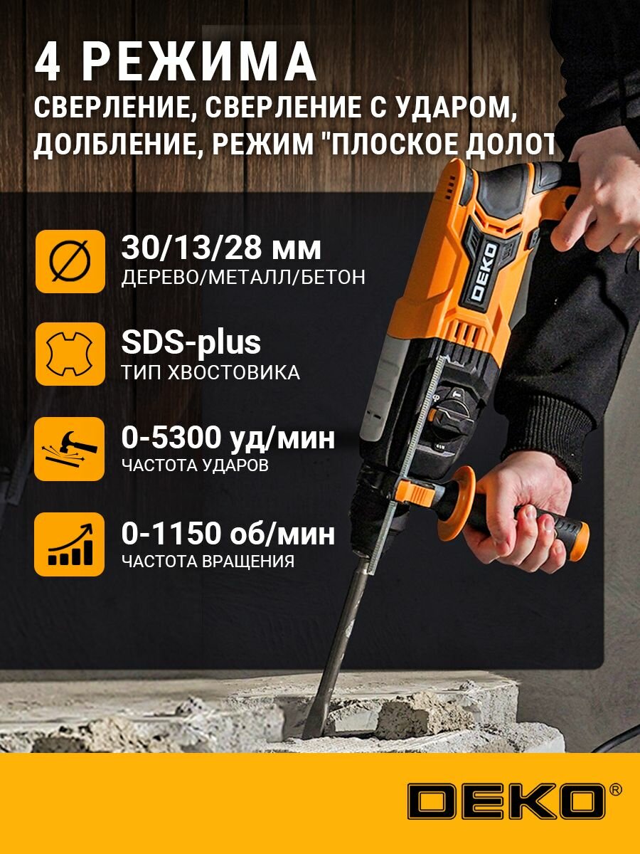 Перфоратор электрический в кейсе DEKO, 3,2 Дж, 1200 Вт, SDS+ — фото 1