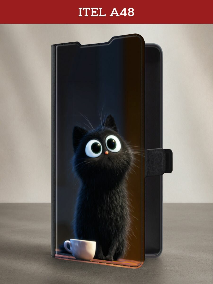 Чехол-книжка на Itel A48 / Айтел А48 с принтом Черное с глазами, черный
