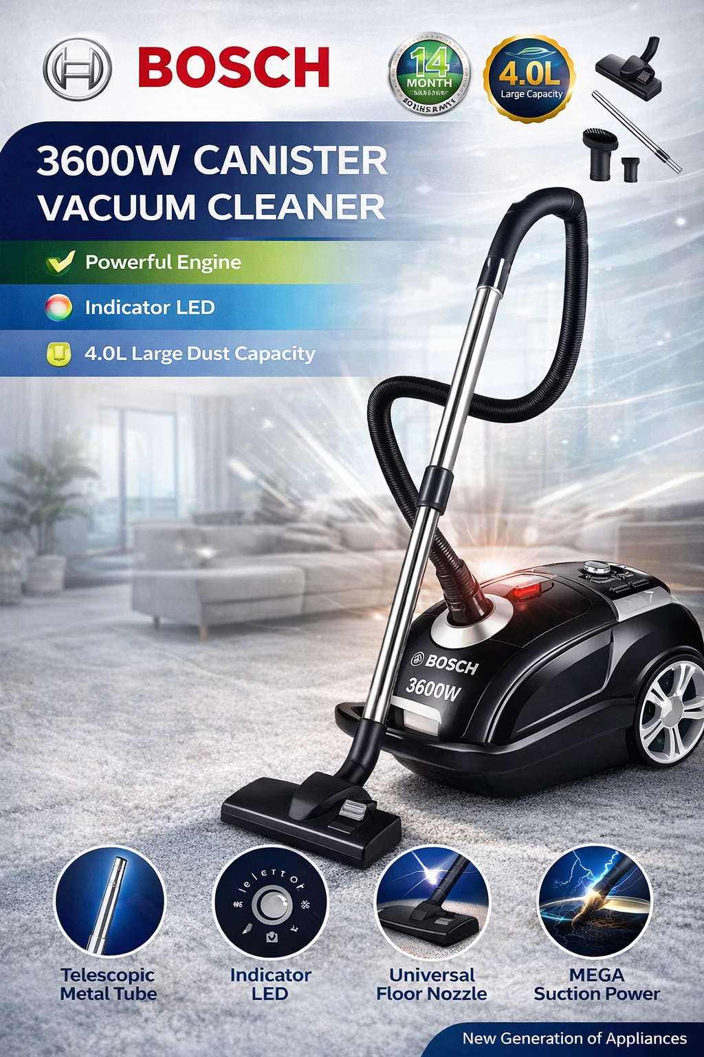 Пылесос, Bosch, мощность всасывания 36Вт, мешок, УФ-лампа, чёрный — фото 1