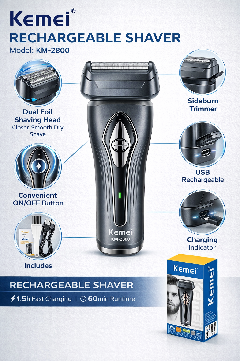 Электробритва KEMEY KM-2800, 4 элемента питания, триммер для бакенбард