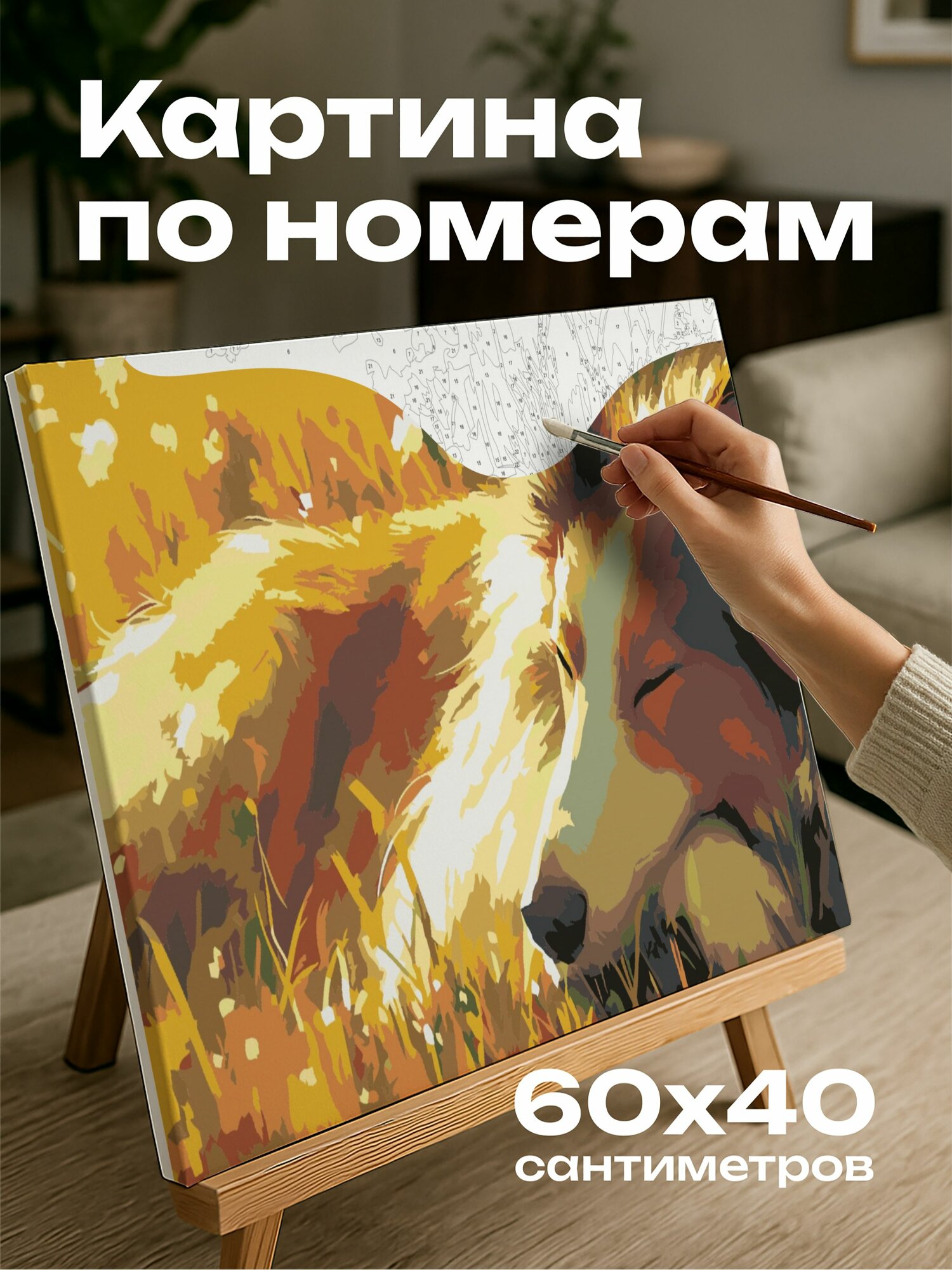 Картина по номерам 60x40 см, колли, пышный луг, золотистый свет, мех, землистые тоны, спокойствие, детализация