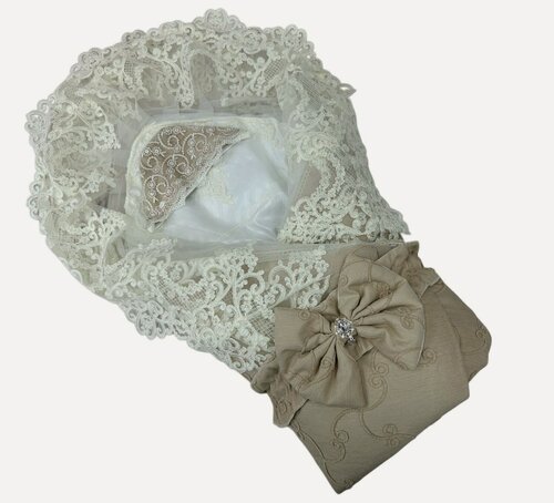 Изображение товара Конверт для новорожденного на выписку в роддом из льна люкс С кружевом капучино